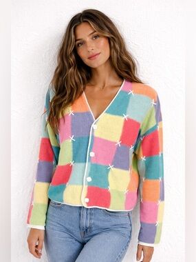 Vintage 90s Mandal Bay Patchwork Cardigan Sweater Colorblock Ramie Cotton
